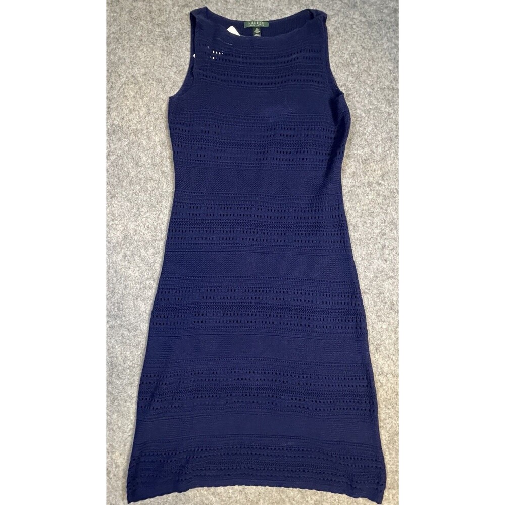 NWT Lauren Ralph Lauren Crochet Midi-Dress Navy Lined Sleevless Medium MSRP $179